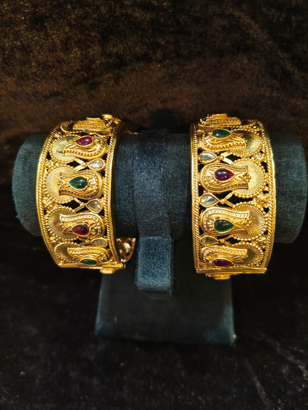 Gold polish Rajwadi Style 2 pic Bangles Size 2.4 with red and green kundan stone