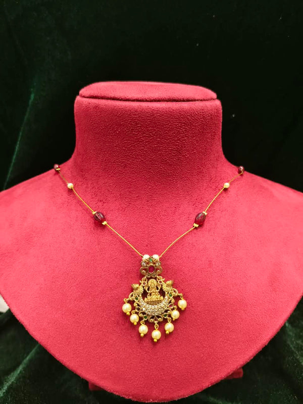 Delicate Stone Necklace Invisible Temple necklace with Lakshmi pendant and moti Pearl