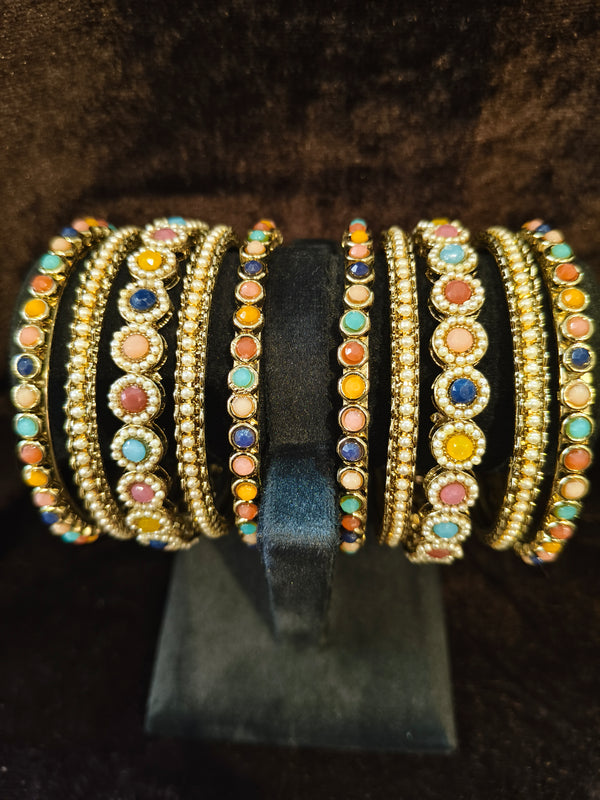 Bangles with colour kundan and pearl moti Size 2.4