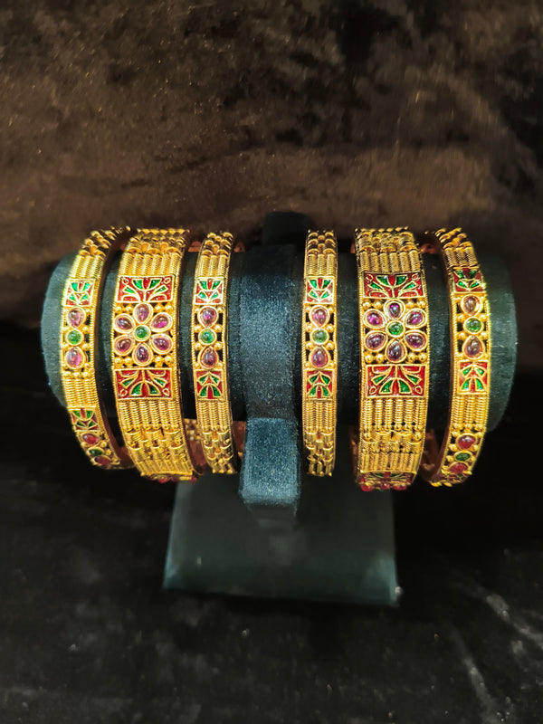 Gold polish Rajwadi Style 6 pic Bangles Size 2.4 with red and green kundan stone