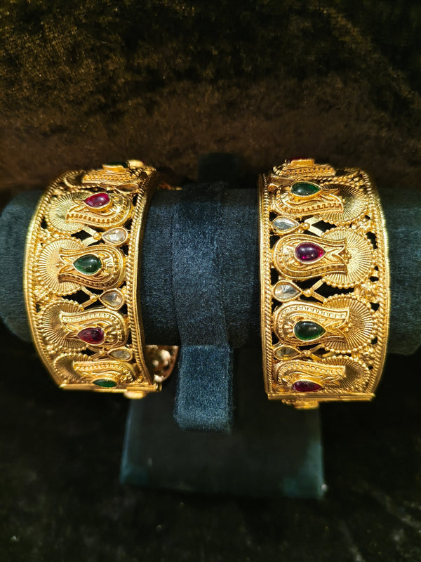 Gold polish Rajwadi Style 2 pic Bangles Size 2.4 with red and green kundan stone