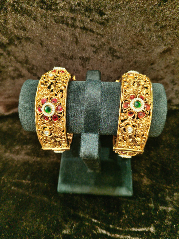 Gold plated Openable Green and red kundan stone 2.2 size bangles