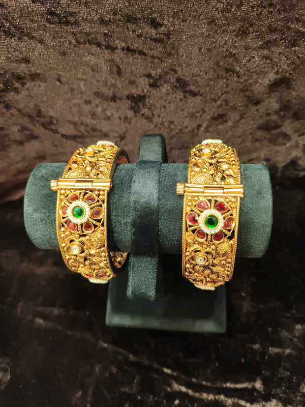 Gold plated Openable Green and red kundan stone 2.2 size bangles