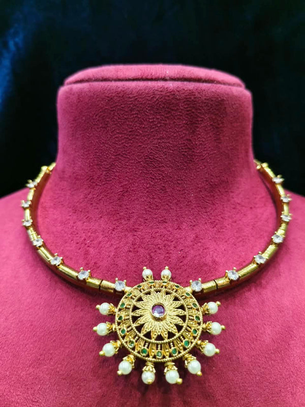 Pearl Moti Kanthi Short Necklace With white Stone