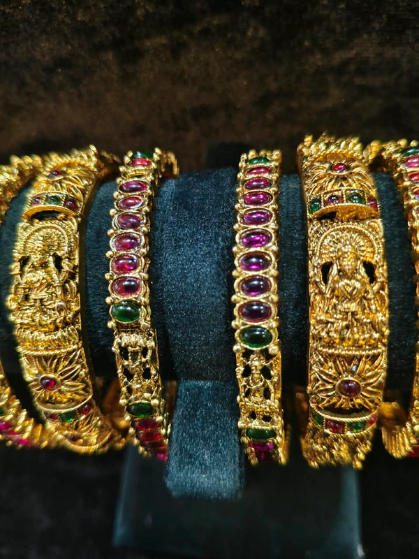 Gold polish Rajwadi Style 6 pic Bangles Size 2.4 with red and green kundan stone