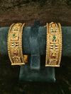 Gold polish 2 pic Bangles Size 2.4 with green red kundan