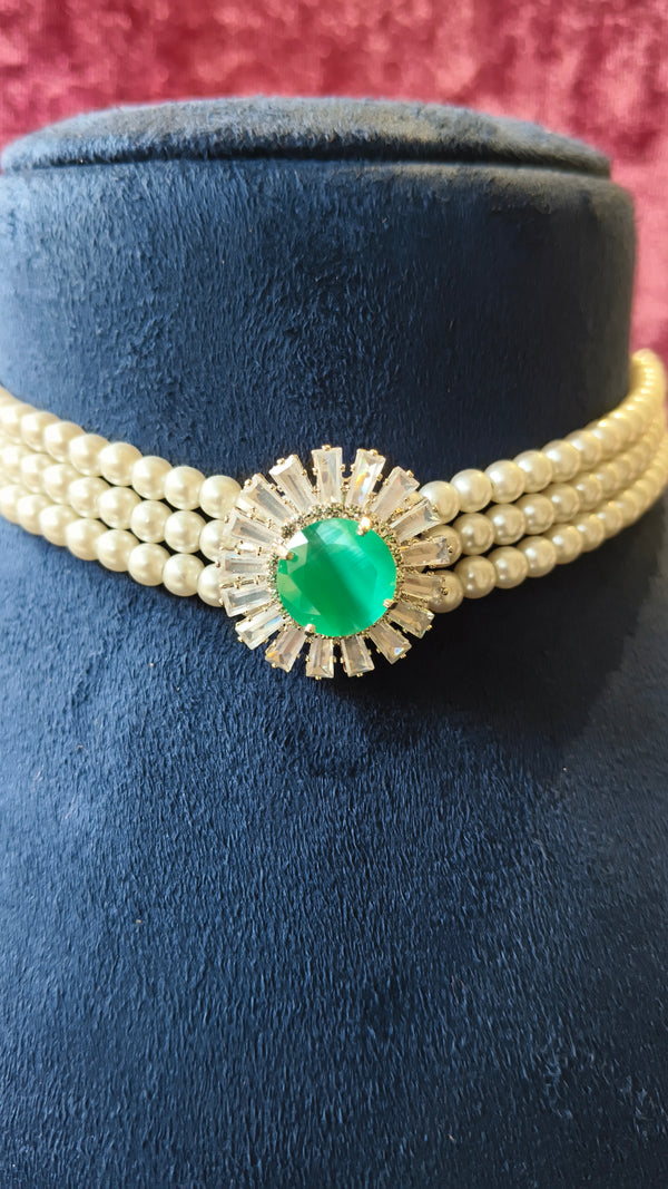 Chokar Necklace With Moti Pearl And Green Stone