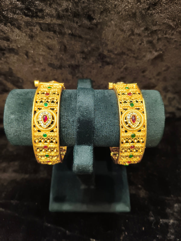 Gold plated Openable Green and red kundan stone 2.2 size 2 pic bangles