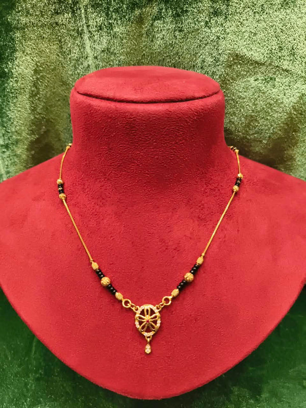Short Gold Plated Black Beads Delicate Mangalsutra With stone Pendant
