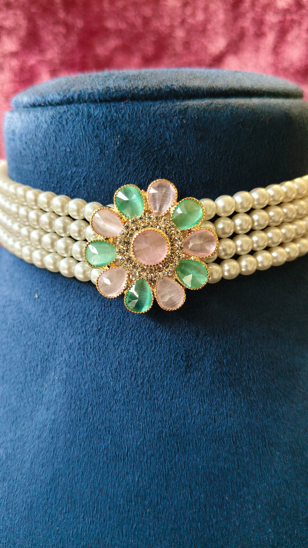 Pearl Moti Choker Necklace With Ment and Pink Stones