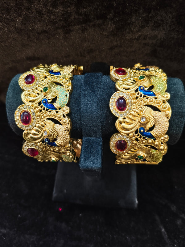 Gold polish Rajwadi Style 2 pic Bangles Size 2.4 with red kundan stone Stone