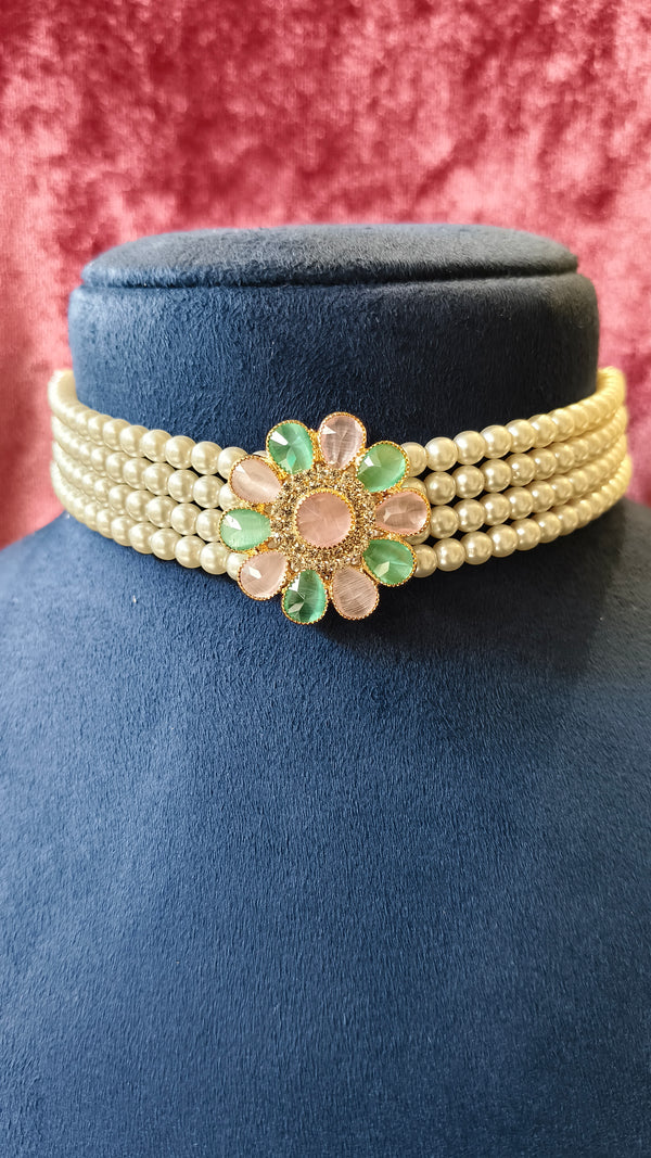 Pearl Moti Choker Necklace With Ment and Pink Stones