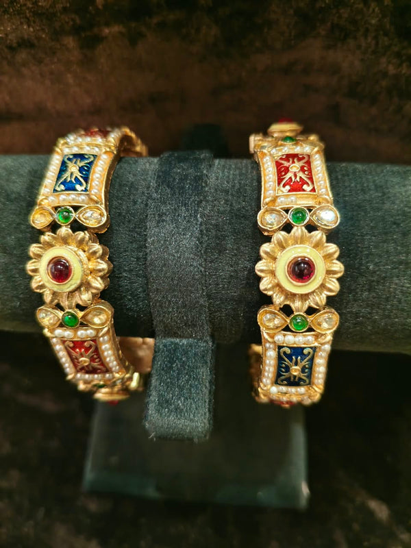 Gold polish Kundan Mina kari Style 2 pic Bangles Size 2.4