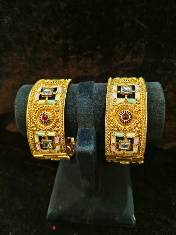 Gold polish Rajwadi Style 2 pic Bangles Size 2.4 with red and green kundan stone