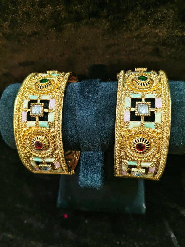 Gold polish Rajwadi Style 2 pic Bangles Size 2.4 with red and green kundan stone