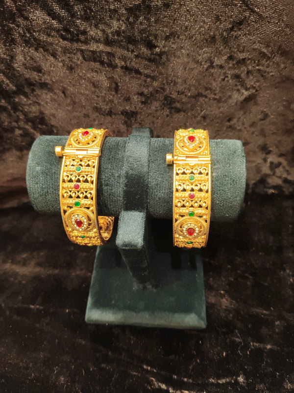 Gold plated Openable Green and red kundan stone 2.2 size 2 pic bangles