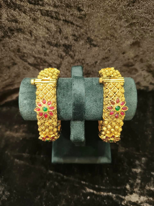 Gold plated Openable Green and red kundan stone 2.2 size 2 pic bangles