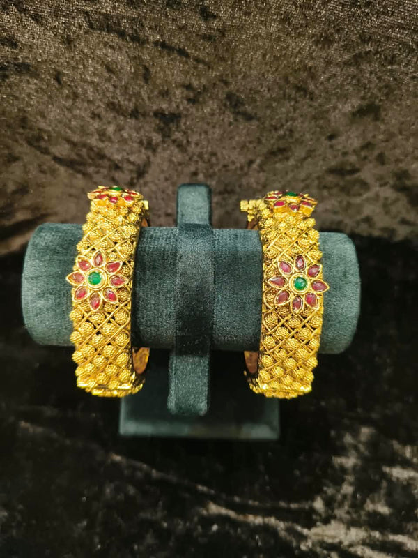 Gold plated Openable Green and red kundan stone 2.2 size 2 pic bangles