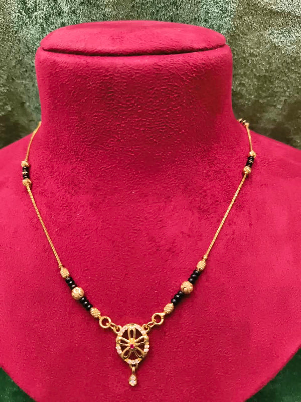 Short Gold Plated Black Beads Delicate Mangalsutra With stone Pendant