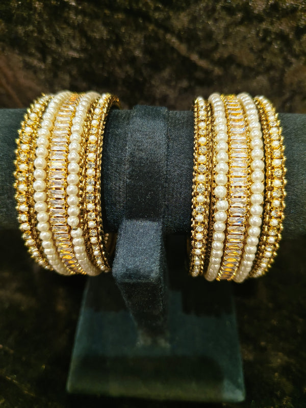 Gold plated pearl Moti and stone bangles size 2.2