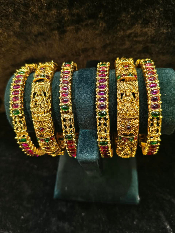 Gold polish Rajwadi Style 6 pic Bangles Size 2.4 with red and green kundan stone
