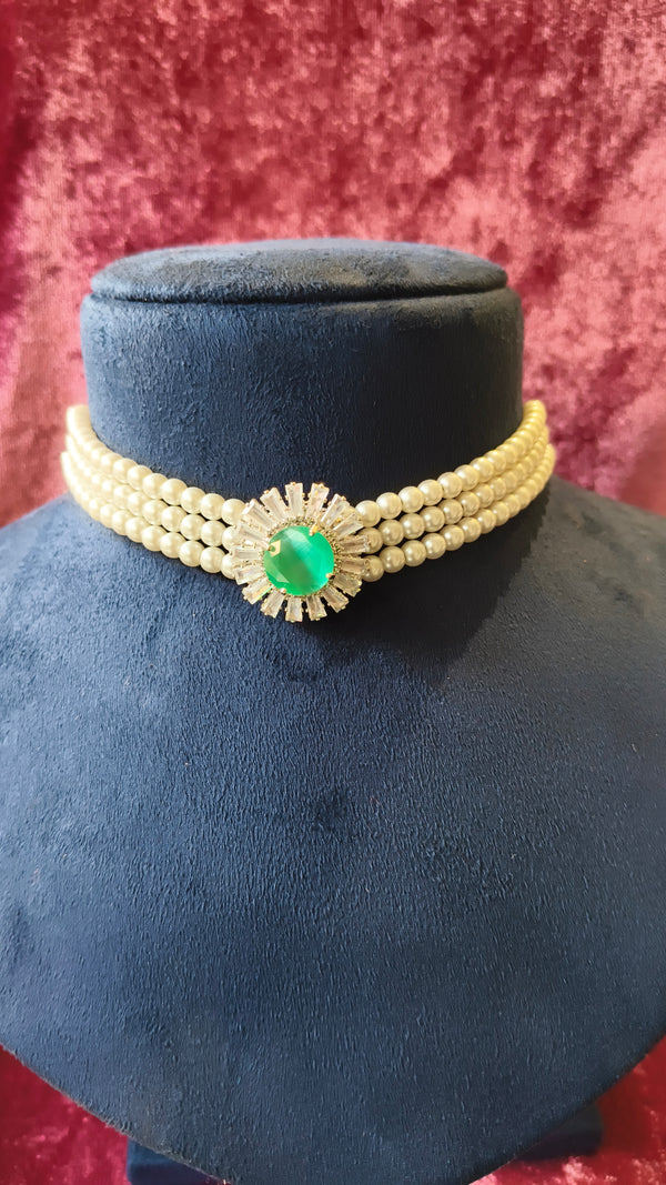 Chokar Necklace With Moti Pearl And Green Stone