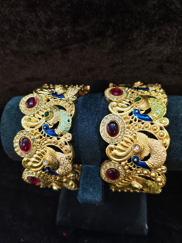 Gold polish Rajwadi Style 2 pic Bangles Size 2.4 with red kundan stone Stone